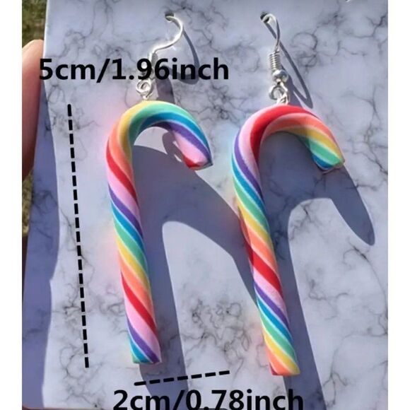 New! Rainbow Candy Cane Dangle Earrings! Christmas so Cute!! - Picture 2 of 3